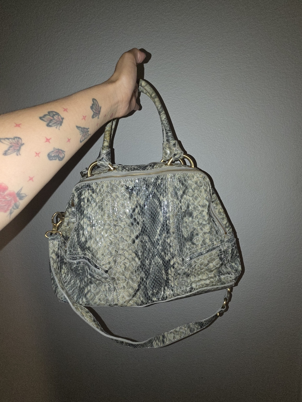 Snake-Print Satchel Shoulder Bag in Gray